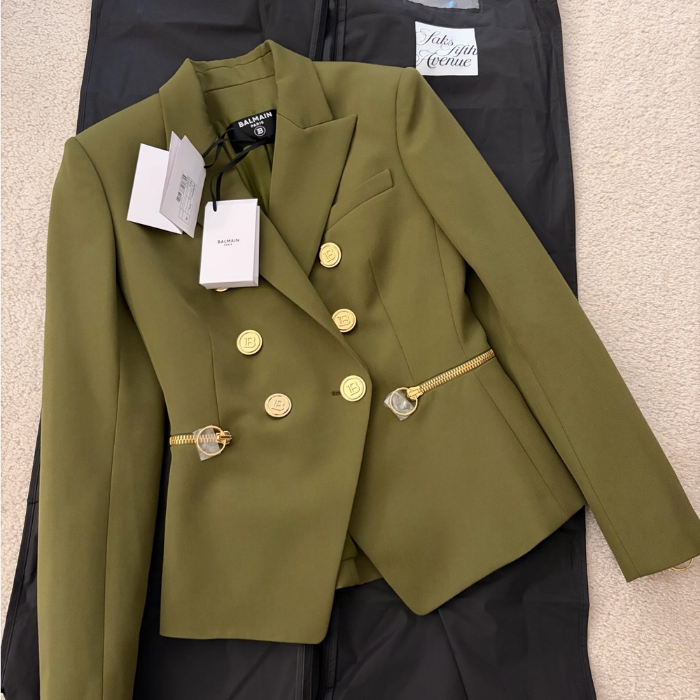 Balmain Khaki Double-Breasted Blazer with Gold Buttons